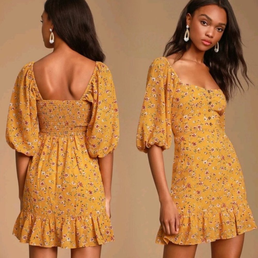 Lulu's Mustard Floral Puff Sleeve Mini Dress with Ruffle Hem